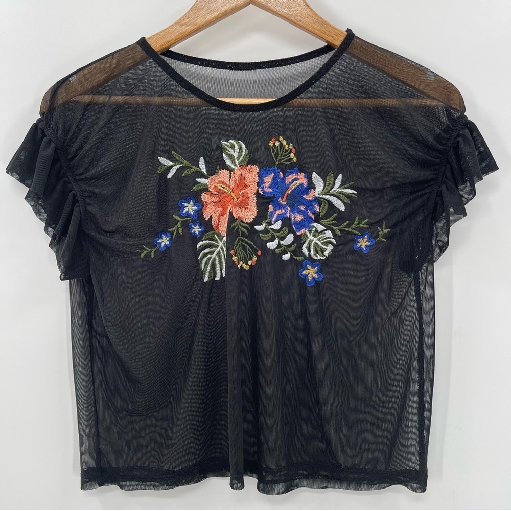 XHILARATION Witchy Black Embroidered Floral Whimsygoth Mesh Top Size Large